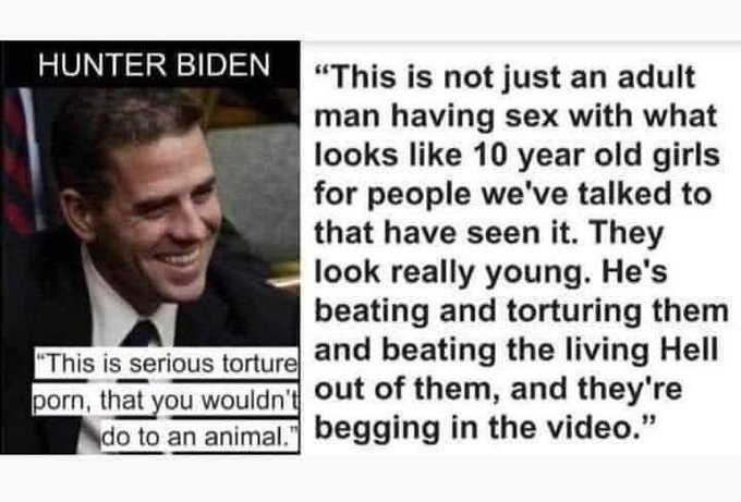 JohnBar05697227's tweet image. His Son Hunter is a Rapist and Pedofile just like his Daddy.  #ChinaJoe #Blackmail #Compermised #Biden #BidenHarris   Biden: ‘Nothing to‘ Hunter Biden Laptop Story, ‘My Son‘s an Honorable Man‘ breitbart.com/clips/2020/10/… via @BreitbartNews