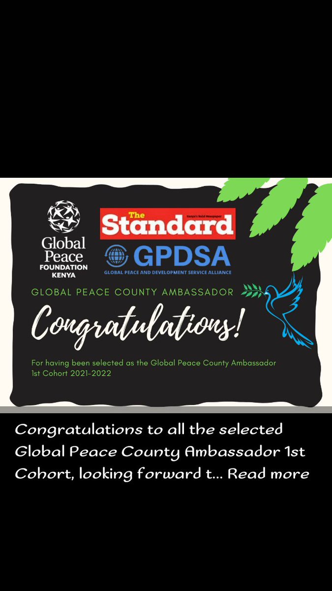 <a href="/GlobalPeaceKeny/">Global Peace Foundation Kenya</a>  I am grateful for being selected as the peace builder ambassador for Uasin Gishu county and to be part of the next generation of creative leaders inspired to shape the future of entrepreneurship, national leadership and public governance in Kenya.