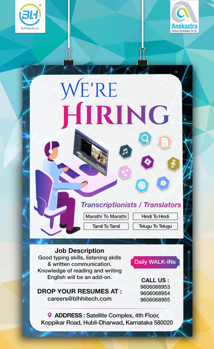 BLHHitech's tweet image. #jobopenings #hirings #hiringduringcovid #languageexperts #marathi #hindi #kannada #tamil #telugu #BLHHitch #hubli #karnataka #workfromoffice