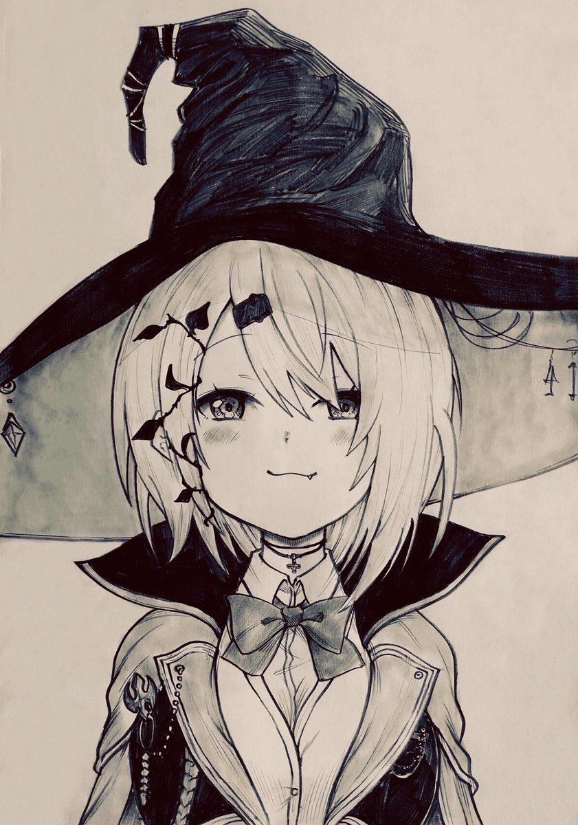 1girl hat witch hat solo monochrome bow fang  illustration images