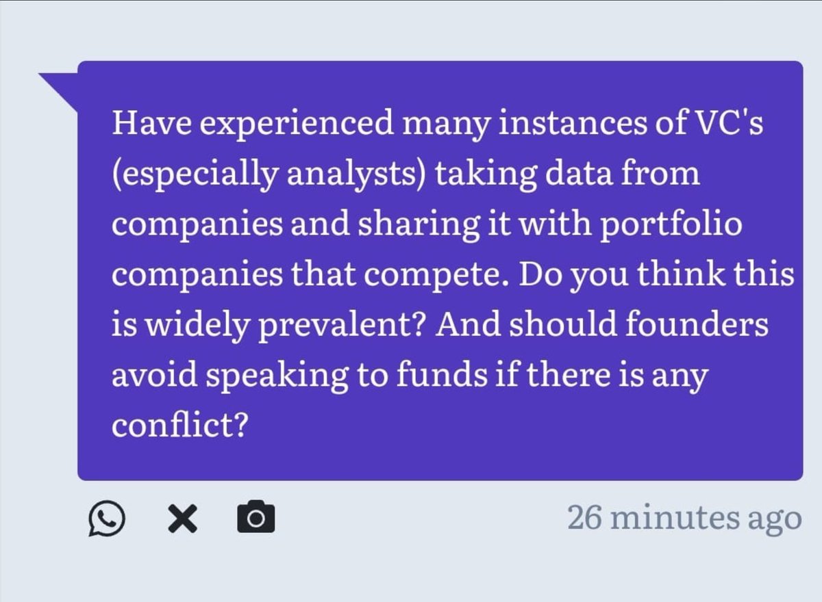 I am a 100% certain that we do no such thing at Stellaris. No investment team member has an incentive to share data with portfolio companies. In fact,we go out of the way to disclose conflicts of interest and tell founders up-front if our portfolio companies compete with them 1/2
