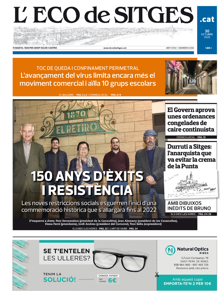 lecodesitges's tweet photo. La nostra portada de #Sitges, amb protagonisme pel 150 aniversari del @ElRetiroSitges, el toc de queda, el confinament perimetral i l'última hora de la pandèmia, l'aprovació de les ordenances fiscals i Durruti, Sitges i uns dibuixos inèdits de Bruno.
https://t.co/0sqtdKryh3 https://t.co/z3ByT3u3rO