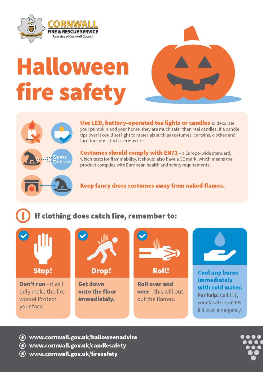 Happy #Halloween everyone! Here are a few tips to have a frightfully fun &amp; safe day;

🎃Use LED lights &amp; glow sticks instead of candles 
🎃Learn &amp; practice Stop, Drop &amp; Roll
🎃 Check #FireSafety labels on costumes

More safety tips at bit.ly/CFRS-Halloween. #HalloweenAtHome