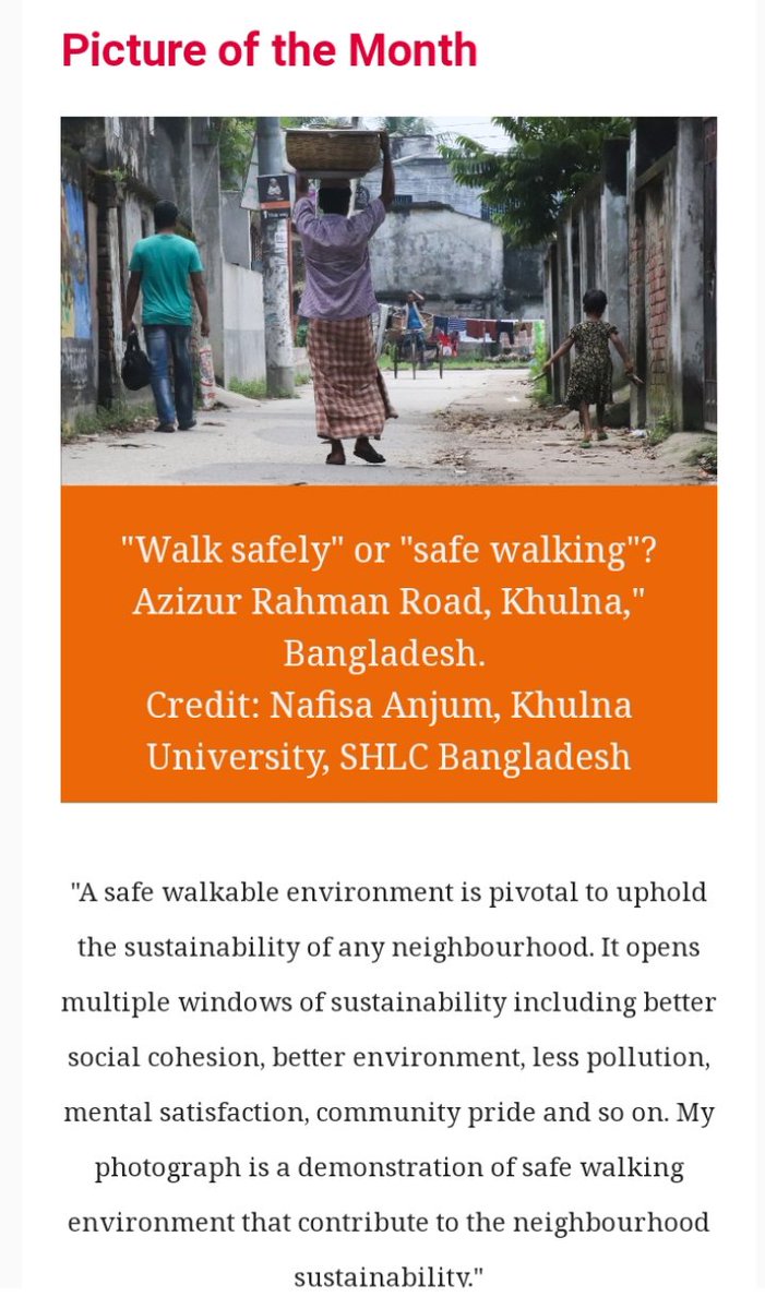 snafisaanjum's tweet photo. Glad to see my photograph on #WalkSafelyOrSafeWalking as the #PictureOfMonth in the news bulletin of @SHLC_Cities at #UrbanOctober. This picture told the story of #sidewalk that contributes to neighbourhoods sustainability.
https://t.co/jeGfl1Vx8o https://t.co/eRuHeqY88s