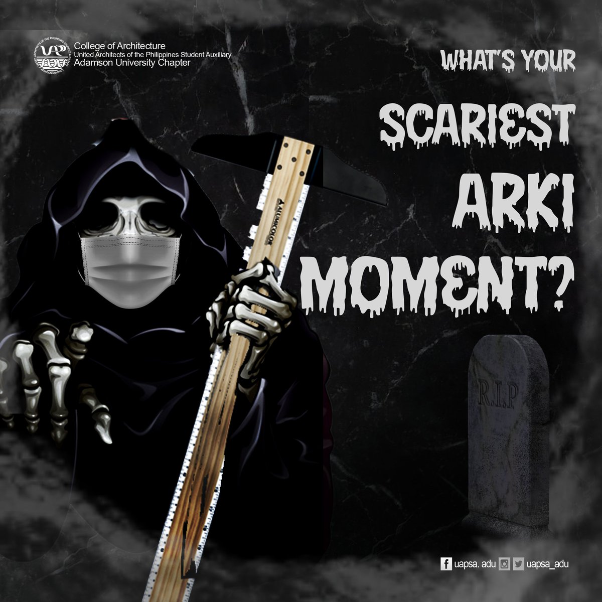 uapsa_adu's tweet photo. Natapunan ng kape ang plates? Nag-iba ang pinagamit na scale? Hindi nagising sa alarm? 

Happy Halloween Arkimeyts! Tell us your scariest and spookiest Arki moments and take this opportunity as a treat and not a trick. 🎃✨

📸: Ernest Andrei Cusi

#UAPSAAdamson https://t.co/Gctd77uywp