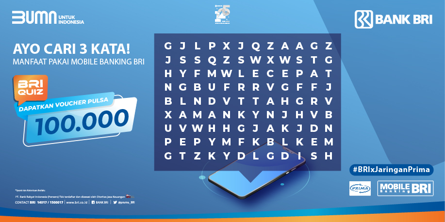 Sobat BRI, saatnya Quiz Time!
 
Jawab pertanyaan dibawah ini dgn hashtag #BRIxJaringanPrima. Jangan lupa follow <a href="/promo_BRI/">BANK BRI</a> &amp; <a href="/jaringanprima/">Jaringan PRIMA</a>

Ada hadiah pulsa Rp 100 rb utk 10 pemenang yg beruntung. Jawaban ditunggu sampai 1 November 2020. Good luck!