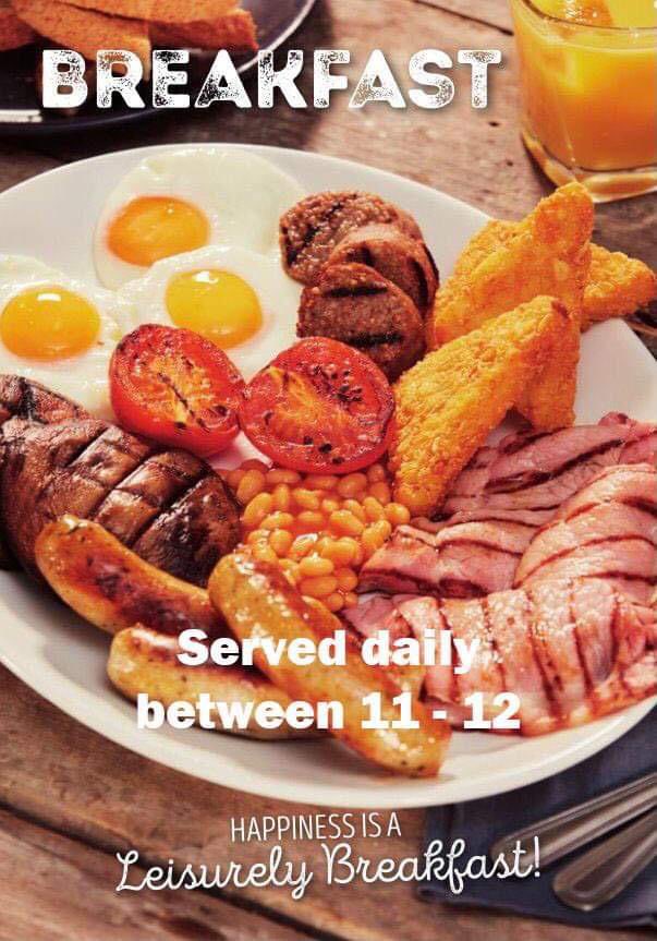 What a miserable day it is out there today. Why not cheer yourself up with a late breakfast served from 11am until noon. Don’t forget you receive a free tea or coffee with any hearty or mega breakfast