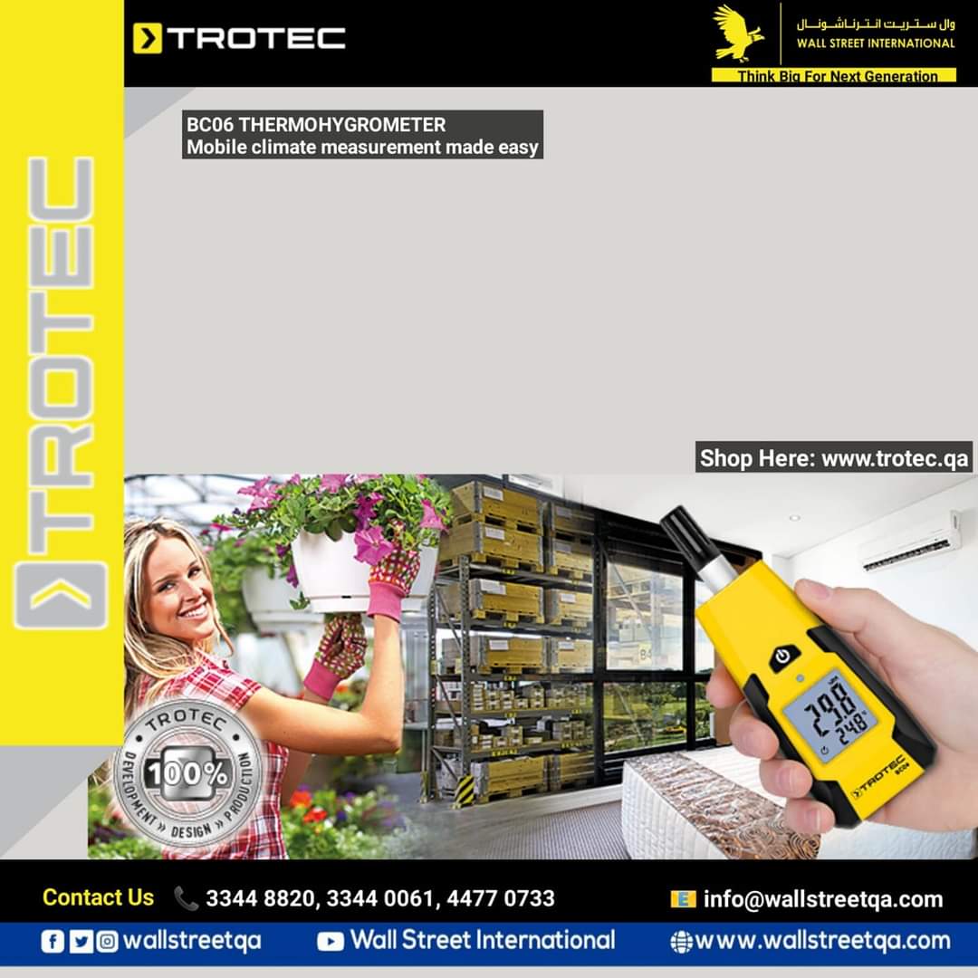 WallStreetqa's tweet photo. We Introduce Trotec Smart Devices In Qatar
BC06 THERMOHYGROMETER
Contact +974 44770733
33440061,33448820
info@wallstreetqa.com
https://t.co/2cGTC4hDhn
Shop Here: https://t.co/zHUJWsUPGX
#BC06 #THERMOHYGROMETER #MOBILE #CLIMATE #TROTEC
#DOHA #QATAR
#WALL #STREET #INTERNATIONAL https://t.co/U3xOxP1aNT