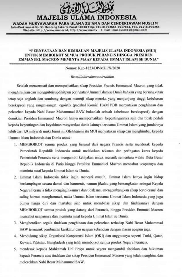 harry_yulibu's tweet photo. Akhirnya MUI menyerukan untuk memboikot semua produk Perancis. https://t.co/XHskPznIW6