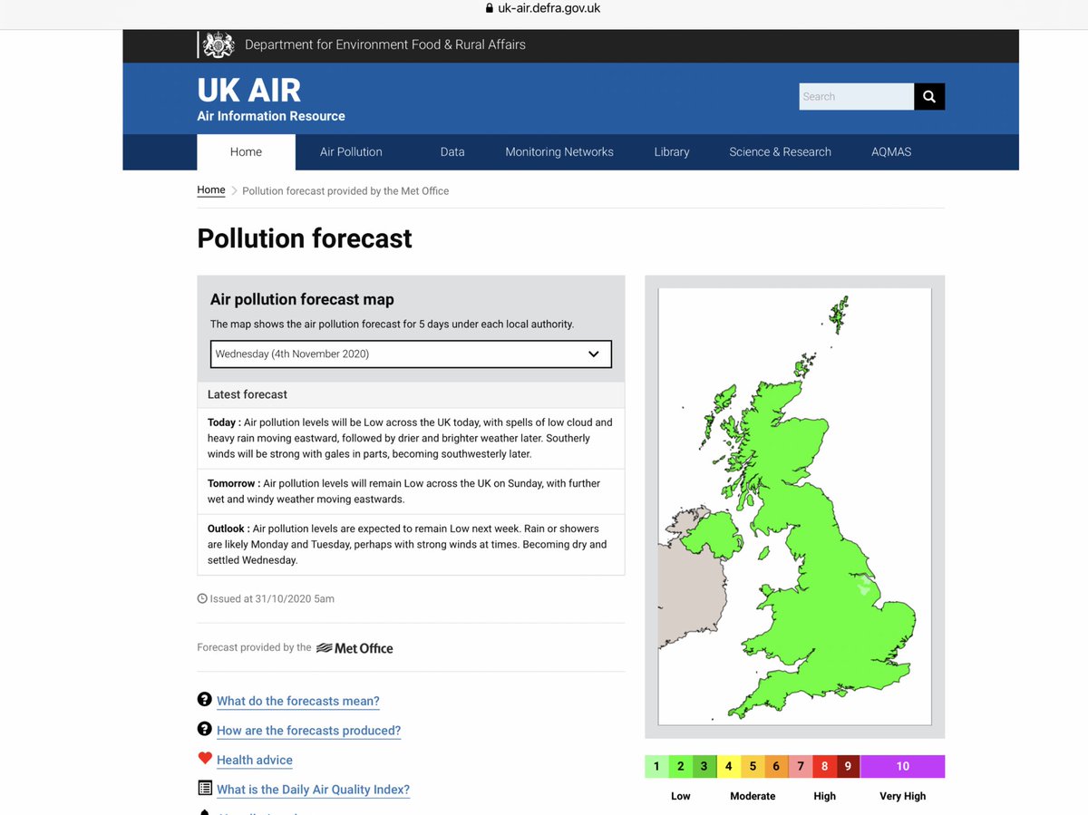 Thread 2/ On Saturday morning,  @DefraGovUK says " #AirPollution levels are expected to remain LOW next week". Seems most unlikely unless  #Lockdown stops all  #FestivalBonfires and  #Fireworks! Low winds and slightly easterly breeze likely to increase particles from Thurs to Sun