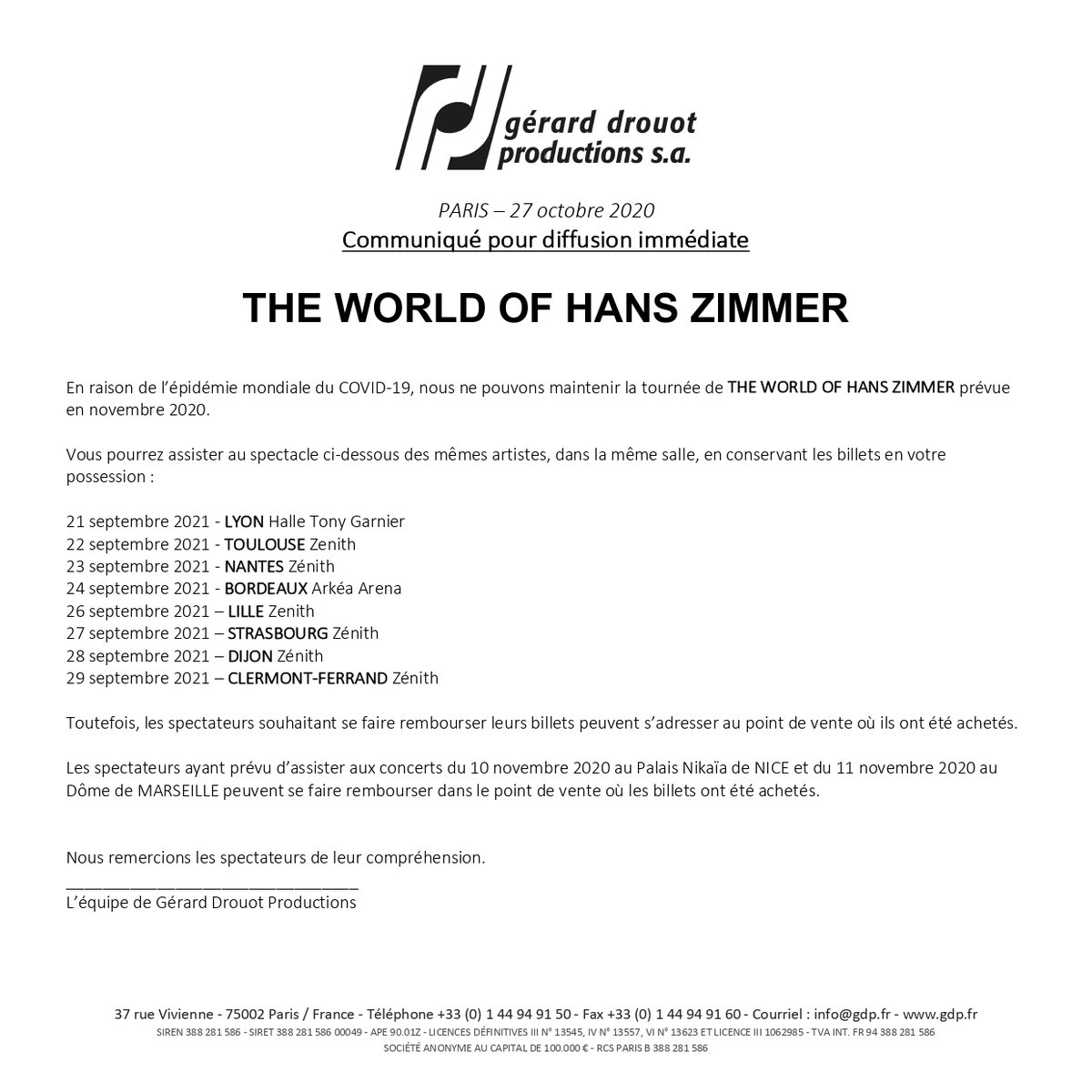 kproduction44's tweet photo. REPORT ! 📍

👉La date de The World Of Hans Zimmer initialement prévue au @ZenithNantes le Mercredi 04 Novembre 2020 a été reportée au Jeudi 23 Septembre 2021 ! 

Vos billets restent valables ! https://t.co/QTnNdPIu7H