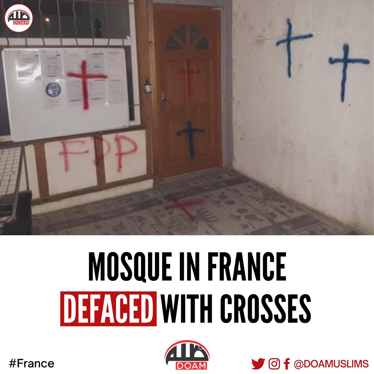 doamuslims's tweet photo. Mosque in #France Defaced with Crosses

A mosque in #Donzère town, south east of France was defaced with crosses yesterday. 

#Islamophobia #Islamophobie #StopMacron #Drôme #Islam https://t.co/ZENnwcz8OR