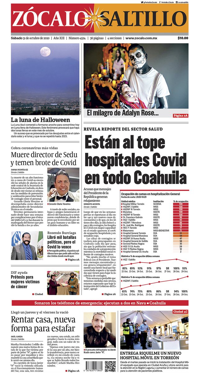 #FelizSábado #Saltillo ☀️ Hoy en portada: Están al tope hospitales Covid en todo Coahuila 😷💉👉 https://t.co/tb21WieHWj https://t.co/XOY0EUURrt