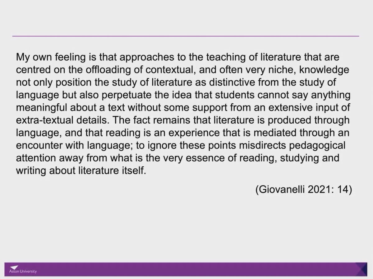 At the centre of English Literature should be English Language - concepts, registers, linguistics, literary discourse. 'Literature is produced through language; reading is an experience that is mediated through an encounter with language.'  @mmgiovanelli  #TELLlaunchevent