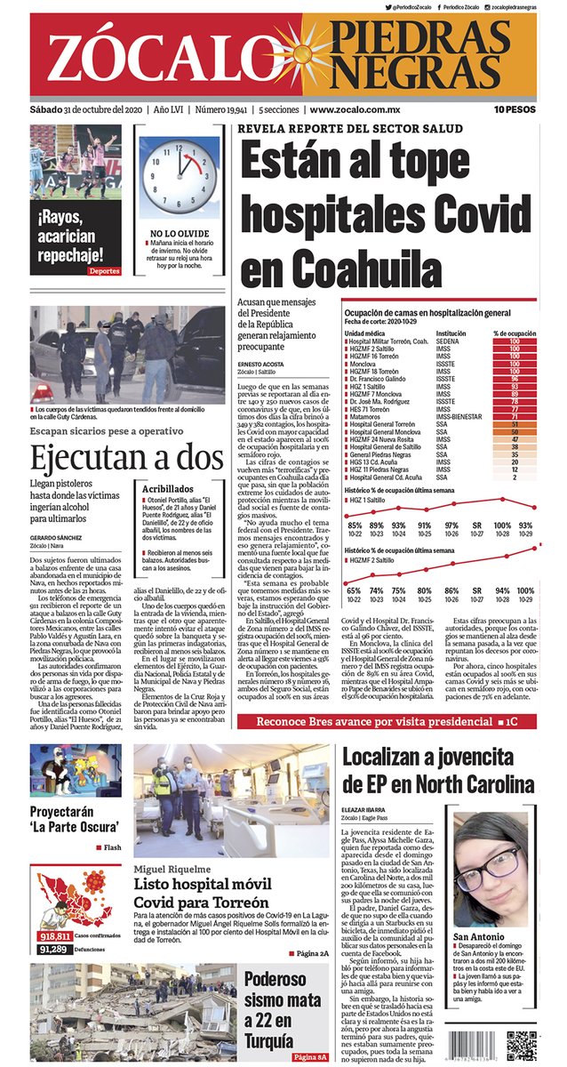 #FelizSábado #PiedrasNegras ☀️ Hoy en portada: Están al tope hospitales Covid en Coahuila 😷💉👉 https://t.co/4bZIUGJ5iJ https://t.co/WVEtjYugCH
