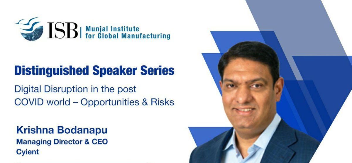 ISBedu's tweet photo. .@KrishnaBodanap1 Chairman and MD, Cyient, spoke to the students of AMPMO and AMPI yesterday. He told of the pandemic's disruption and how it has compelled the manufacturing sector to adopt technology in manufacturing quickly and efficiently. https://t.co/Abn2cciiXR