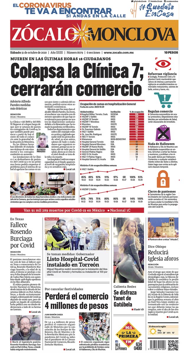 #FelizSábado #Monclova ☀️ Hoy en portada: Colapsa la Clínica 7; cerrarán comercio 😷💉👉 https://t.co/HNHs5Roasa https://t.co/Bx1T6IxDVj