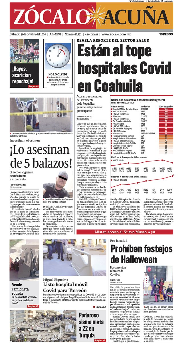 #FelizSábado #Acuña ☀️ Hoy en portada: Están al tope hospitales Covid en Coahuila 😷💉👉 https://t.co/Iib7wGVzwo https://t.co/184NTozKGp
