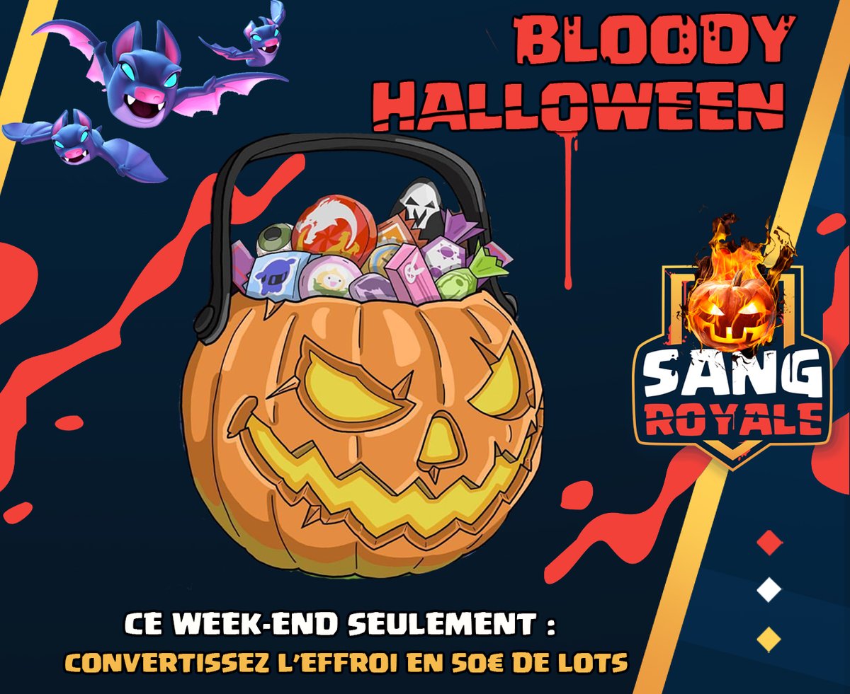 SangRoyaleCR's tweet photo. 👻Un Halloween sanglant se profile ce week-end 🧟‍♀️

- 🥸 Qui aura le meilleur déguisement ?
- 🎃Qui chassera le plus de citrouilles ?
- 😱Qui nous racontera l'histoire la plus effrayante ?

🤩Convertissez l'effroi contre 50€ de lots (peluche gargouille officielle, pass, etc.). https://t.co/ZQkFOnEzP4