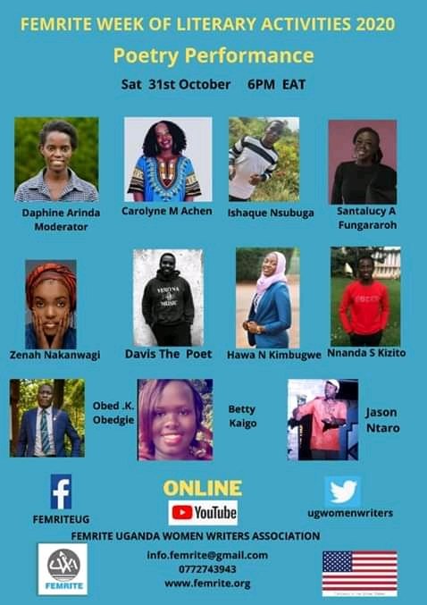 Nzensubuga's tweet photo. This evening, @ugwomenwriters brings you arguably Kampala's finest poets performing live.
Catch them at 6pm on zoom
https://t.co/uOOcMi0hTY or Facebook https://t.co/RY7sEVlHRV
#FEMLitWeek2020
Cc @FinesseXplicit @DzimboT @ObedOurGuild @HawaKimbugwe @NSseruwagi @FloetryC https://t.co/Pbe72r2IDh