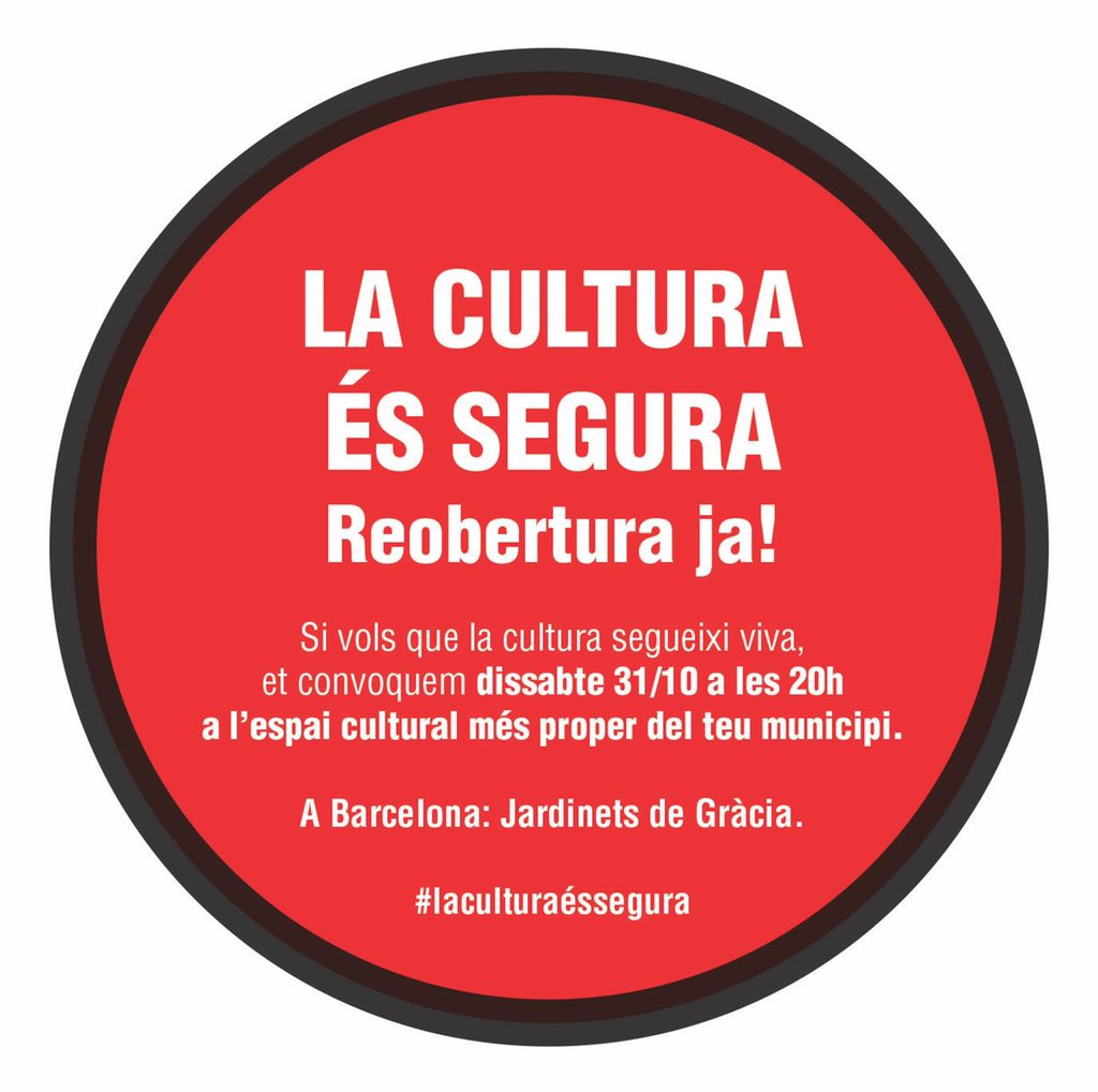 enriccambray's tweet photo. 🔴🔴🔴🔴🔴🔴🔴🔴

La convocatòria és PER TOTA LA CIUTADANIA!

Si t’agrada anar al teatre, al cinema, a concerts, a qualsevol activitat cultural SEGURA... t’hi esperem.

A Barcelona: 20h Jardinets de Gràcia

A Catalunya: 20h davant el teu espai cultural més proper

🔴🔴🔴🔴🔴🔴🔴 https://t.co/vAucxtsCkl