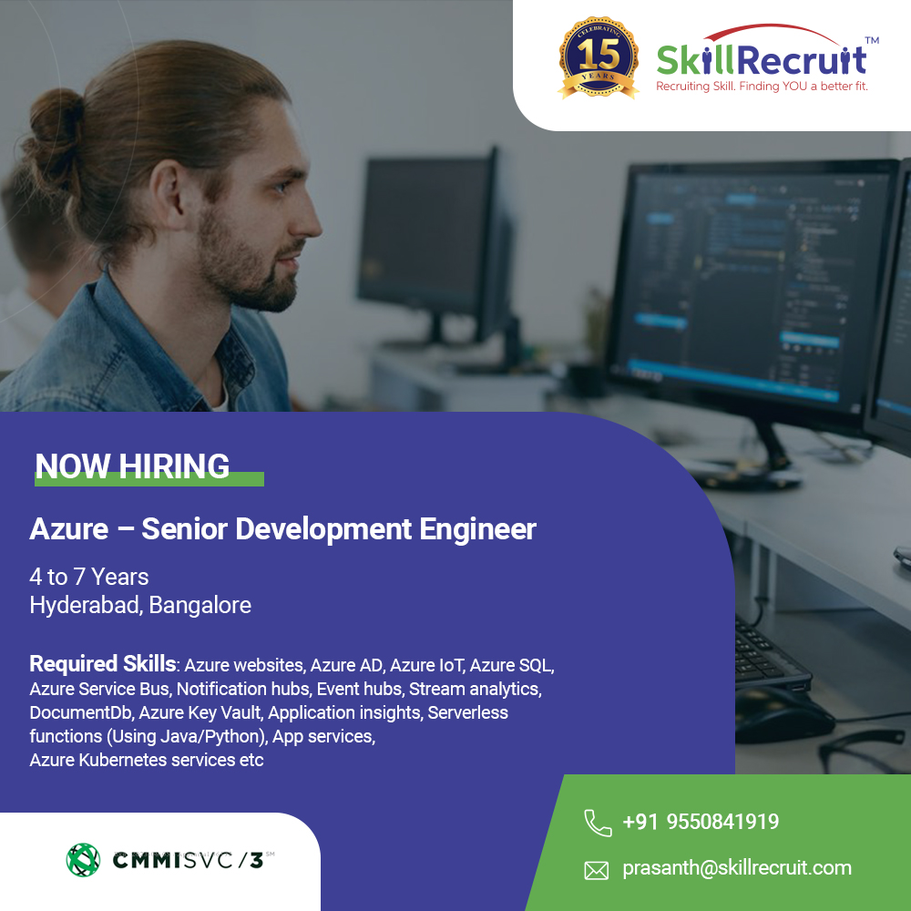 SkillRecruit's tweet photo. Recruiting suitable candidates for the role of Azure – Senior Development Engineer with 4 to 7 years of experience in the field! If you think you’re the right candidate, Apply now!
#SkillRecruit #Skilliantech #Azure #DevelopmentEngineer #ITJobs #IT #Bangalore #Hyderabad #Jobs https://t.co/cS5GpH2rOV