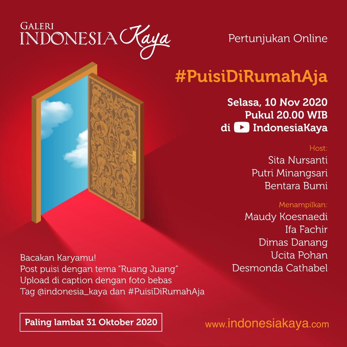 #PuisiDiRumahAja bareng Galeri Indonesia Kaya kembali hadir! Bakal ada <a href="/mpokmod/">Maudy Koesnaedi</a> dan Mas Ifa Fachir. 

Hari ini batas terakhir submit puisi. Ayo buruan submit puisi kamu! 👏🏼😆