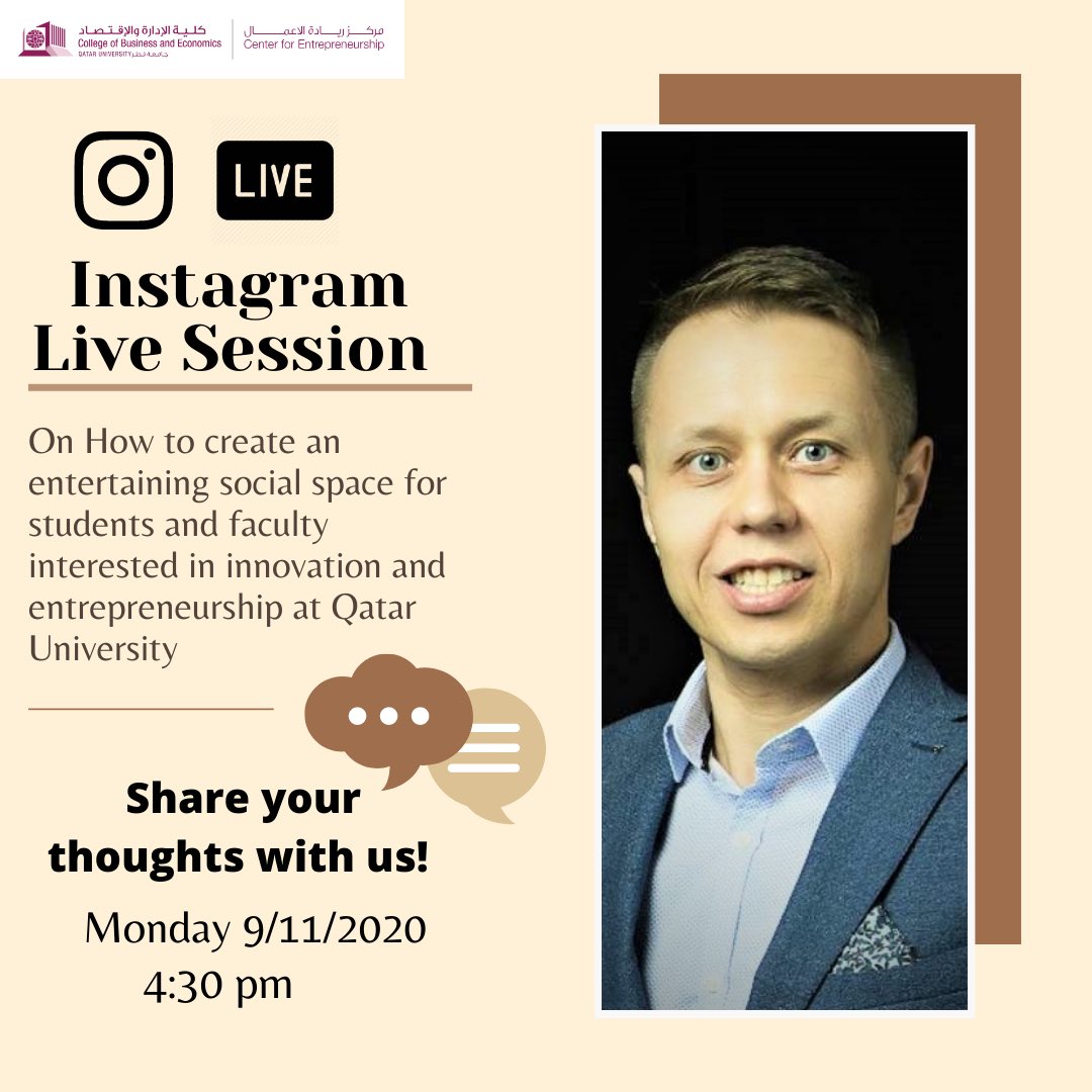 QUCFE's tweet photo. 💡💡💡
Live instagram session on how to create an entertaining social space for students and faculty interested in innovation and entrepreneurship at Qatar University. 
You are invited to share your thoughts with us 💭
On Monday 9/11/2020 at 4:30 🕟 pm 

https://t.co/ahuWxh3qBM https://t.co/yxEdwdzJxw