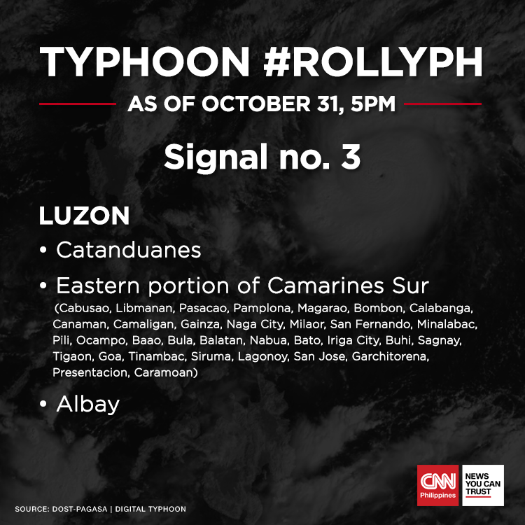 newswatchplusph's tweet photo. LOOK: Signal No. 3 is raised in three Bicol areas, while Metro Manila and several other places are under Signal No. 2 due to Typhoon #RollyPH. Here's a complete list from PAGASA.

READ: https://t.co/o0ztR2vduh https://t.co/mNp37vxXQT