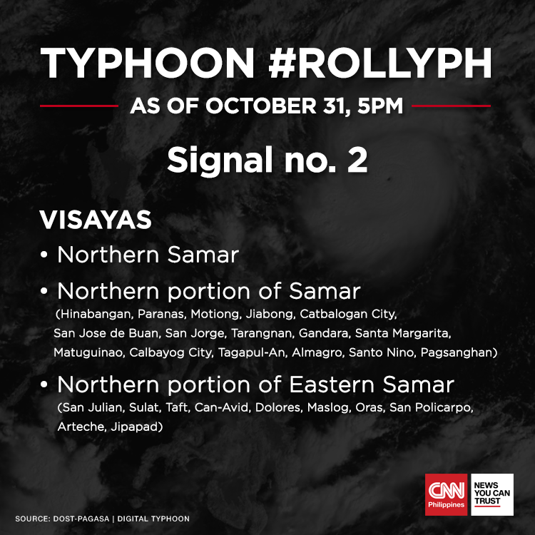 newswatchplusph's tweet photo. LOOK: Signal No. 3 is raised in three Bicol areas, while Metro Manila and several other places are under Signal No. 2 due to Typhoon #RollyPH. Here's a complete list from PAGASA.

READ: https://t.co/o0ztR2vduh https://t.co/mNp37vxXQT