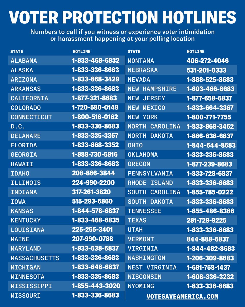 Vote Save America On Twitter If You Run Into Any Issues Or Problems While Voting You Can Call The National Or Your State S Voter Protection Hotline Save These Numbers And Send This