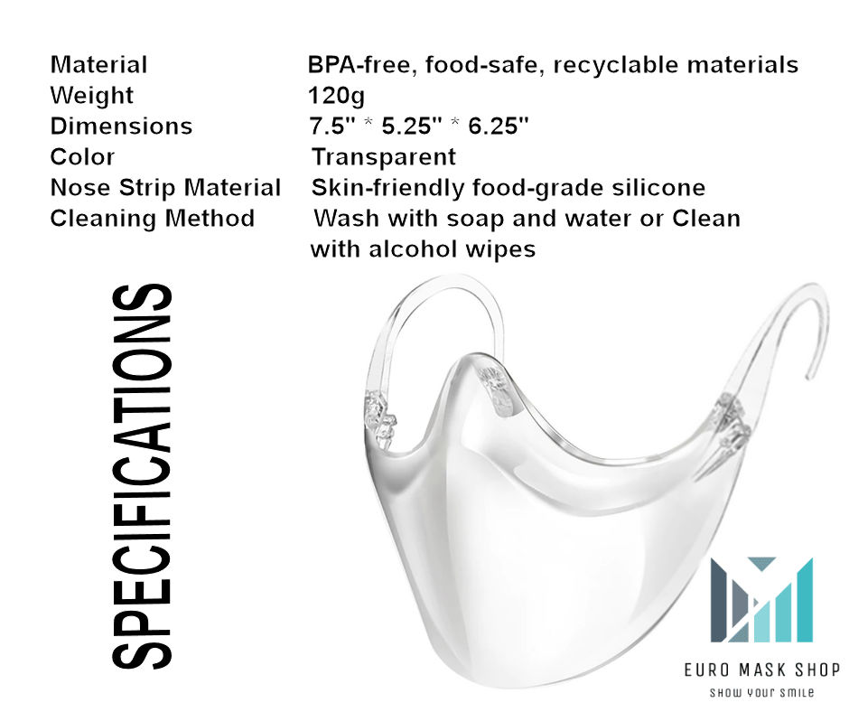 EuroMask's tweet photo. Specifications of Euro Mask:
Material: BPA-free, food-safe, recyclable materials
Weight:120g
Dimensions:7.5" * 5.25" * 6.25" 
Color: Transparent
Nose Strip Material: Skin-friendly food-grade silicone
Cleaning Method: Wash with soap and water or clean with alcohol wipes
#facemask https://t.co/RhwRThADAm
