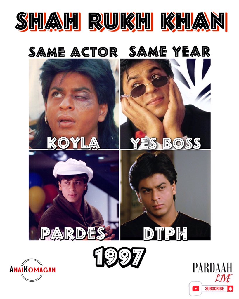 anaikomagan's tweet photo. #ShahRukhKhan - 🌟 @iamsrk 
#SameActor - #SameYear 
🔸#Koyla 
🔸#YesBoss
🔸#Pardes
🔸#DilTohPagalHai - 1997 ❣️

Follow @pardaahlive On Instagram ! https://t.co/UlJOAOfQ2G