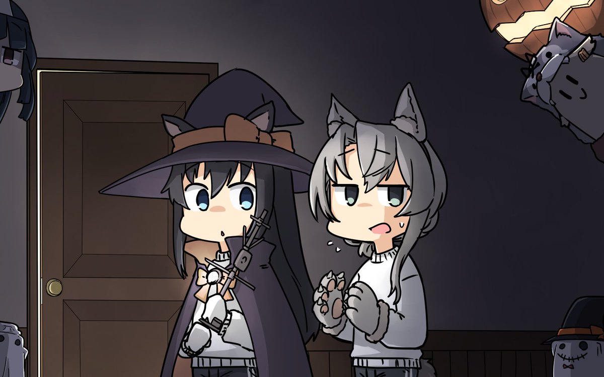 asashio (kancolle) ,nowaki (kancolle) multiple girls witch hat hat animal ears black hair ghost grey hair  illustration images