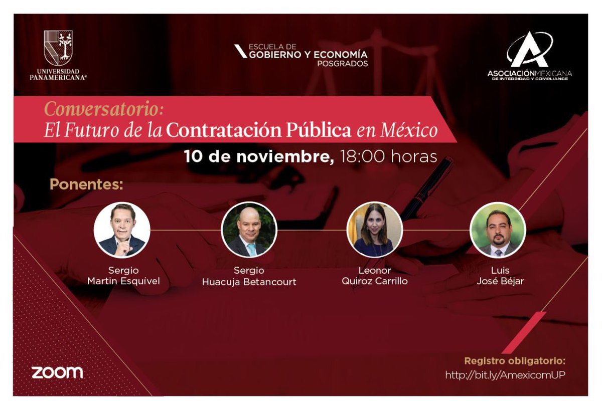 El Posgrado de @GobEcoUP @UPMexico y @amexicom se complacen en invitarlos al Conversatorio “El Futuro de la Contratación en México” 10Nov18hrs. Ejercicio de Análisis con nuestros queridos profesores #MaestríaAnticorrupción: @SergioMartinMx @leonorquiroz @sergio_huacuja y @ljbejar