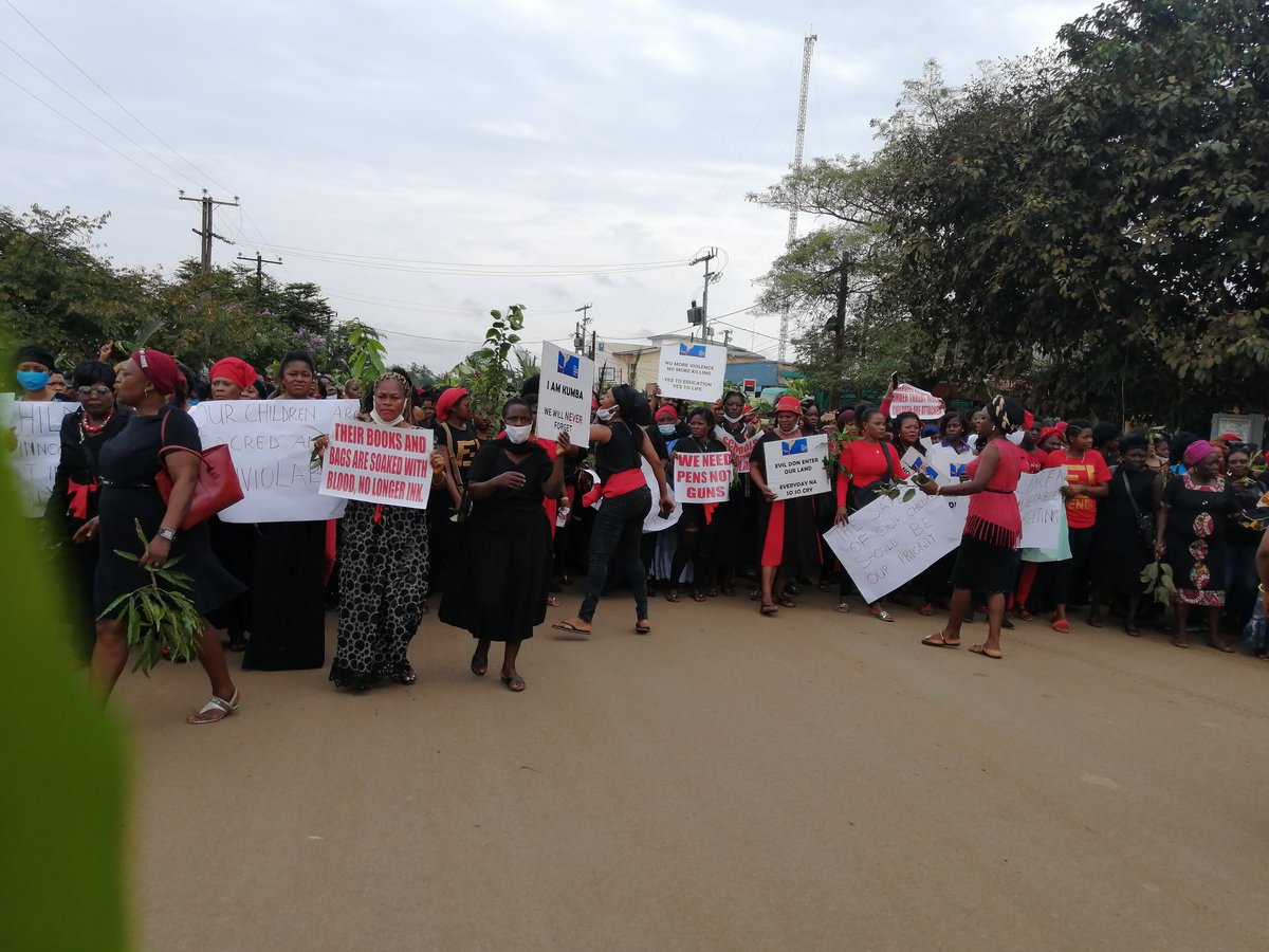 LE MESSAGE SUR LES PANCARTES : "Their books and bags are soaked with blood, no longer ink."  #EndAnglophoneCrises  #Kumbamassacre