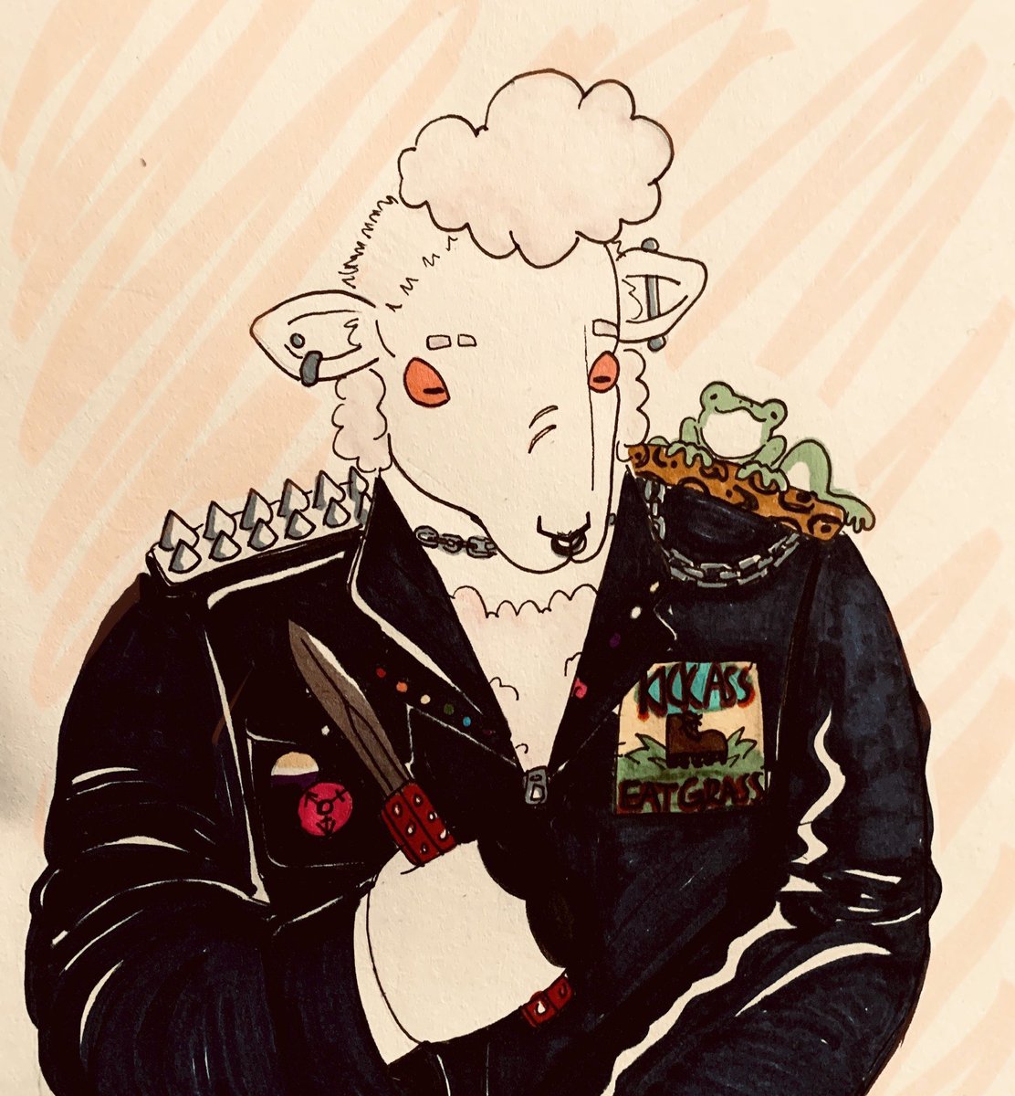 tinydadman's tweet photo. Here they are! Wooly, the nb sheep with a froggy familiar, punk aesthetic, orange eyes and a knife! #halloweenocchallenge #2spoopy https://t.co/L6EsLChAiR