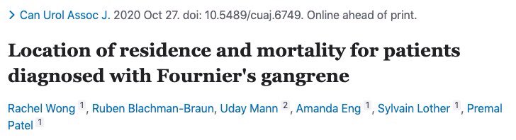 RachelWongMD's tweet photo. A look at the impact of living in rural areas in patients diagnosed with Fournier’s Gangrene shows no difference in mortality compared with those living in urban settings @RubenBlachmanMD @PremalPatelMD @sylvainlother @UdayMannMD 
@CanUrolAssoc 
https://t.co/CPvvtN4W68 https://t.co/rcDzdJqtfA