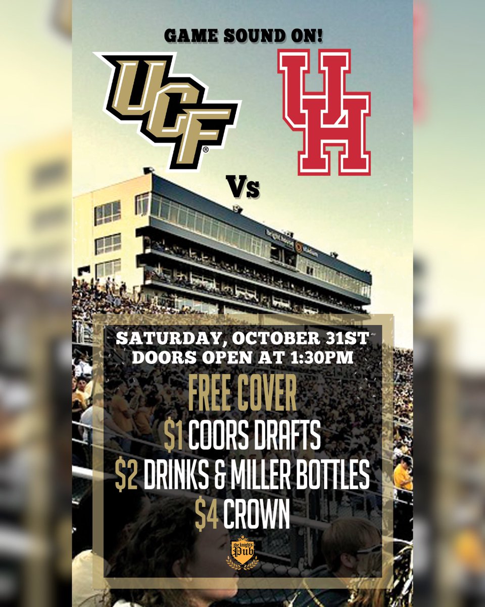 KnightsPub's tweet photo. There’s no better way to pregame Halloween than GAME DAY!! ⚔️🏈🍻
#Publife
• FREE COVER
$1 Coors Drafts
$2 Drinks &amp; Miller Bottles
$4 Crown https://t.co/u1Zlu5q4NL