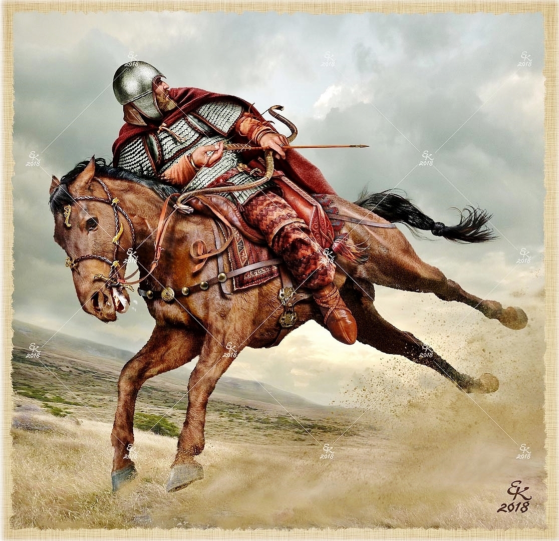 Sarmatian warrior, Vth - IVth C.C. BC, based on finds in Filippovka-I burial ground, on the plains of the Uralo-Ileksky drainage divide, southern end of the Ural Mountains, Orenburg Oblast, RussiaSakā tigraxaudā warrior from the southern end of the Ural Mountains, VIth C. BC