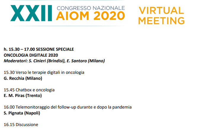 eugeniosantoro's tweet photo. Al congresso @AIOMtweet oggi si è parlato di #telemedicina, #chatbot e #terapiedigitali, naturalmente in chiave oncologica. Sessione (virtuale) partecipata considerati ambito/argomento. Felice di avere moderato con @SCinieri
Relatori: @GGRecchia @enrico_m_piras e Sandro #Pignata https://t.co/5DwkVQFmY3