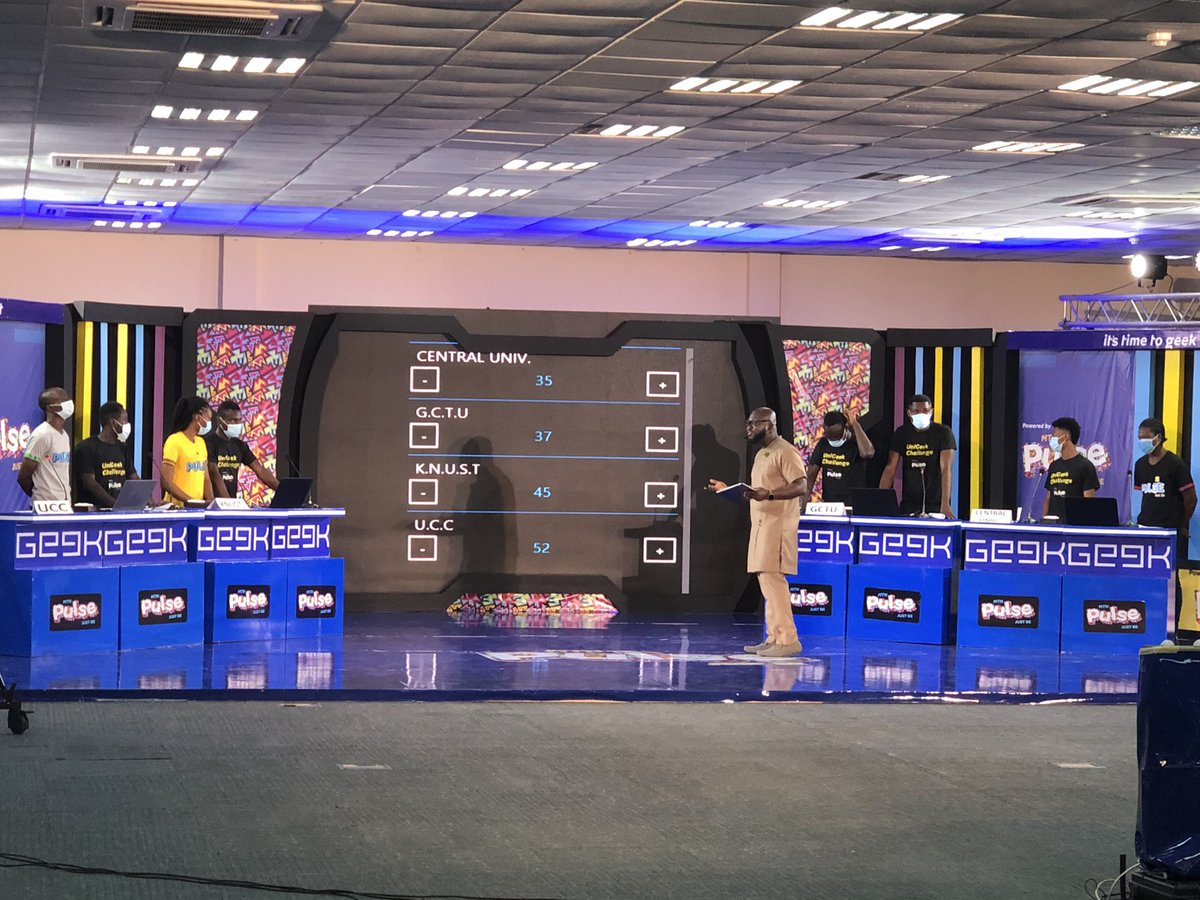 UniGeekOfficial's tweet photo. The scores are in!
Here’s how the four competing schools performed. 
UCC (52 points): 1st 
KNUST (45 points): 2nd 
GCTU (37 points): 3rd 
Central (35 points): 4th

#UniGeekChallengeFinals #UniGeekChallenge #MTNUniGeek https://t.co/pSbo5Bwrud