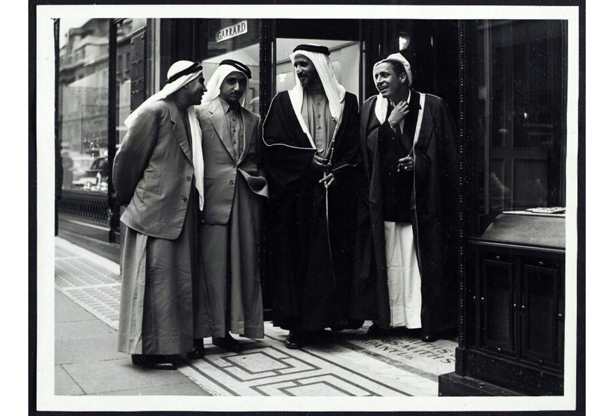 From Right to Left: Essa Al Gurg, Sheikh Rashid bin Saeed, Sheikh Maktoum bin Rashid, and Mahdi Tajer. The 50s would sit in the mid-discovery phase of oil in the Arabian Gulf, it wouldn't be until 1966 when Dubai exports oil. (Image Source: Arabian Gulf Digital Archive) [3/4]