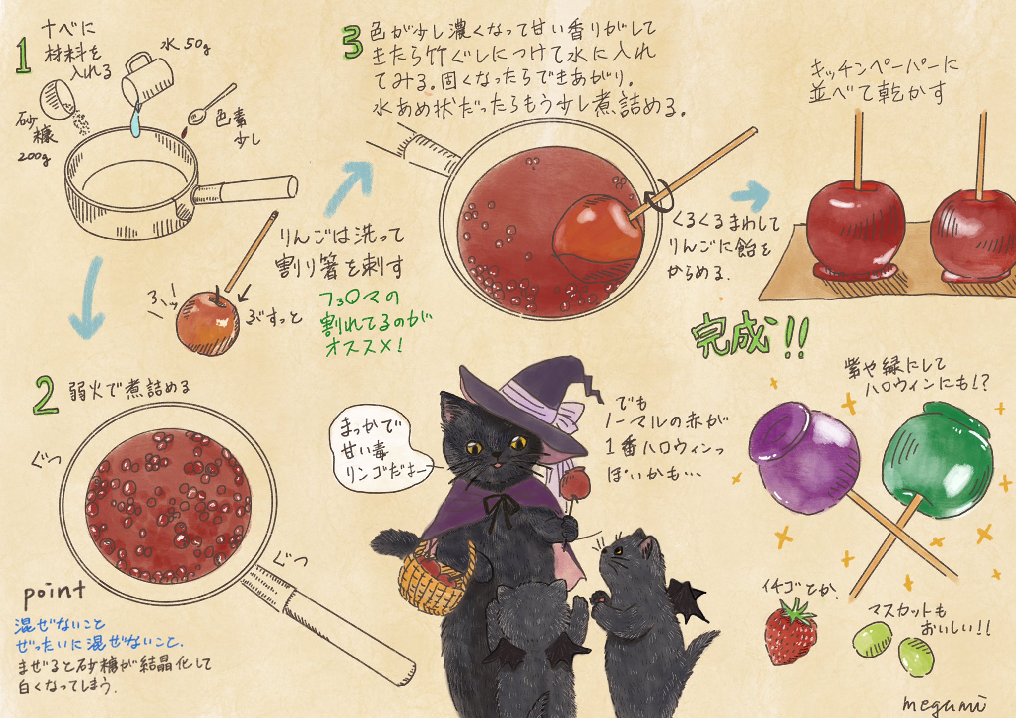 石川 恵 いしかわめぐみ りんご飴の作り方 材料 砂糖0g 水50g 色素少し 林檎 シナモンなどまぶすもの あれば ポイントは飴状になるまでしっかり煮詰めることと混ぜないことです 猫イラスト 黒猫 絵本 挿絵 可愛い イラスト