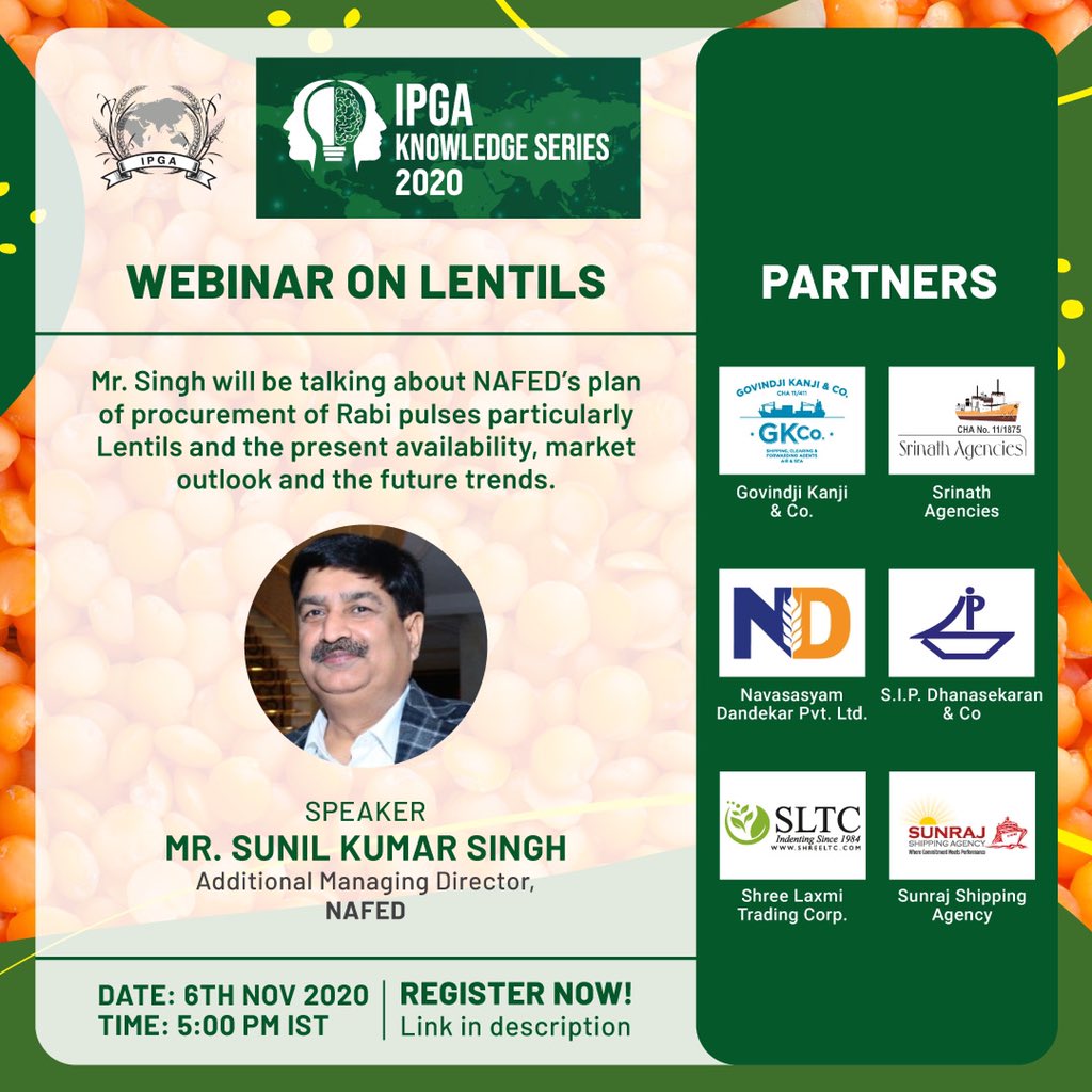 IPGAPulses's tweet photo. IPGA Knowledge Series to host next webinar on Red Lentils - 5 PM IST, Friday, 6th November 2020.
Click https://t.co/CABG0Ai3ps to register for the RED LENTIL webinar TODAY!
#IPGA #IPGAKnowledgeSeries #Pulses #pulsesoutlook #Lentils #RedLentils #Masoor #MasoorDal #Trade #India https://t.co/LWDVqFUjyl