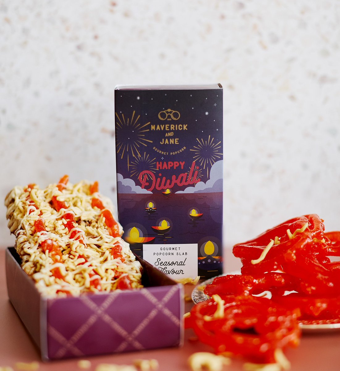 We're thrilled to introduce our first-ever Diwali range with some splendid Diwali gifting &amp; table options in amazing flavours! First up is our Jalebi Popcorn Slab! See our Instagram page for details. Orders open on 1 November. Visit maverickandjane.co.za