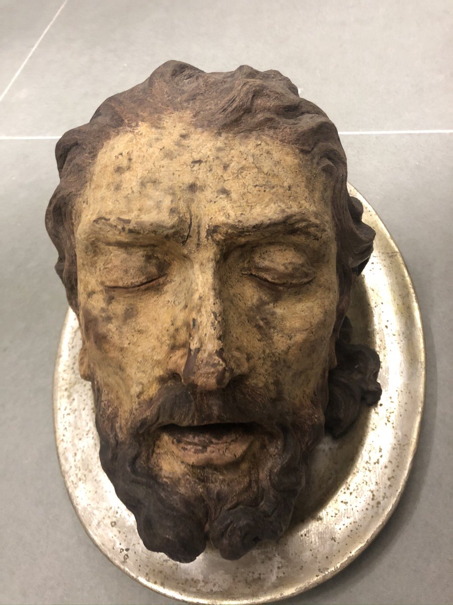 muzamalta's tweet photo. @YorkshireMuseum Our spookiest object is undoubtedly this wax head of St John the Baptist on a plate. Sometimes you forget about it and turn around and it scares the bejesus out of you! #SpookiestObject #CURATORBATTLE https://t.co/RQmV9ozndI