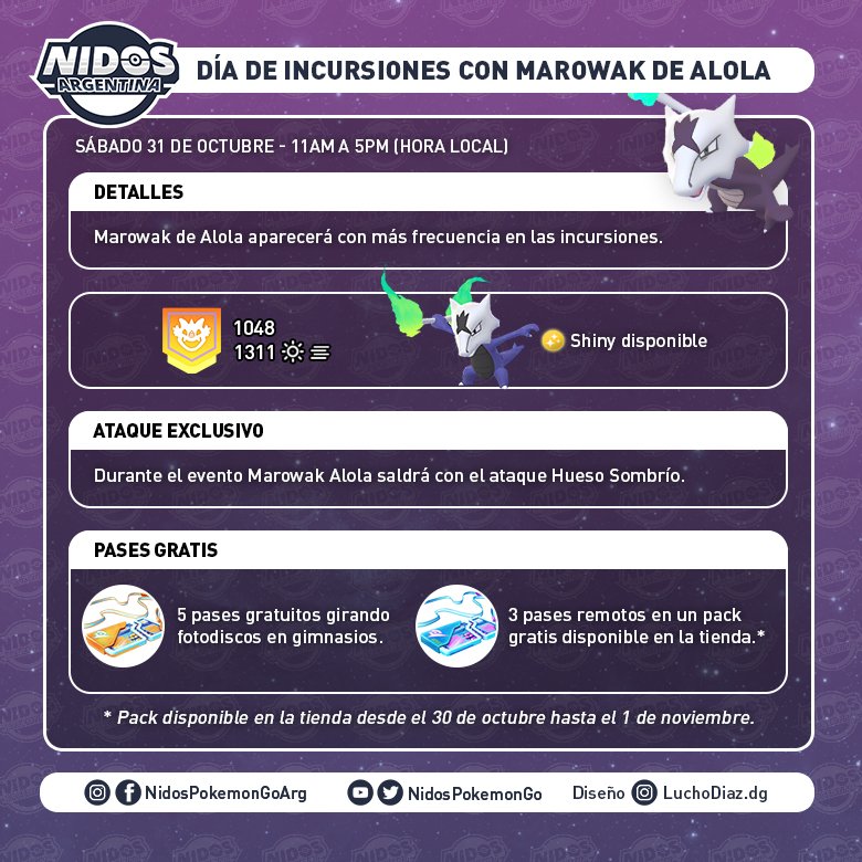 NidosArgentina's tweet photo. ¡Hoy! #DiaDeIncursiones
Marowak Alola aparecerá con más frecuencia en gimnasios de 11 a 17hs (hora local). https://t.co/EkSvKTSlNC