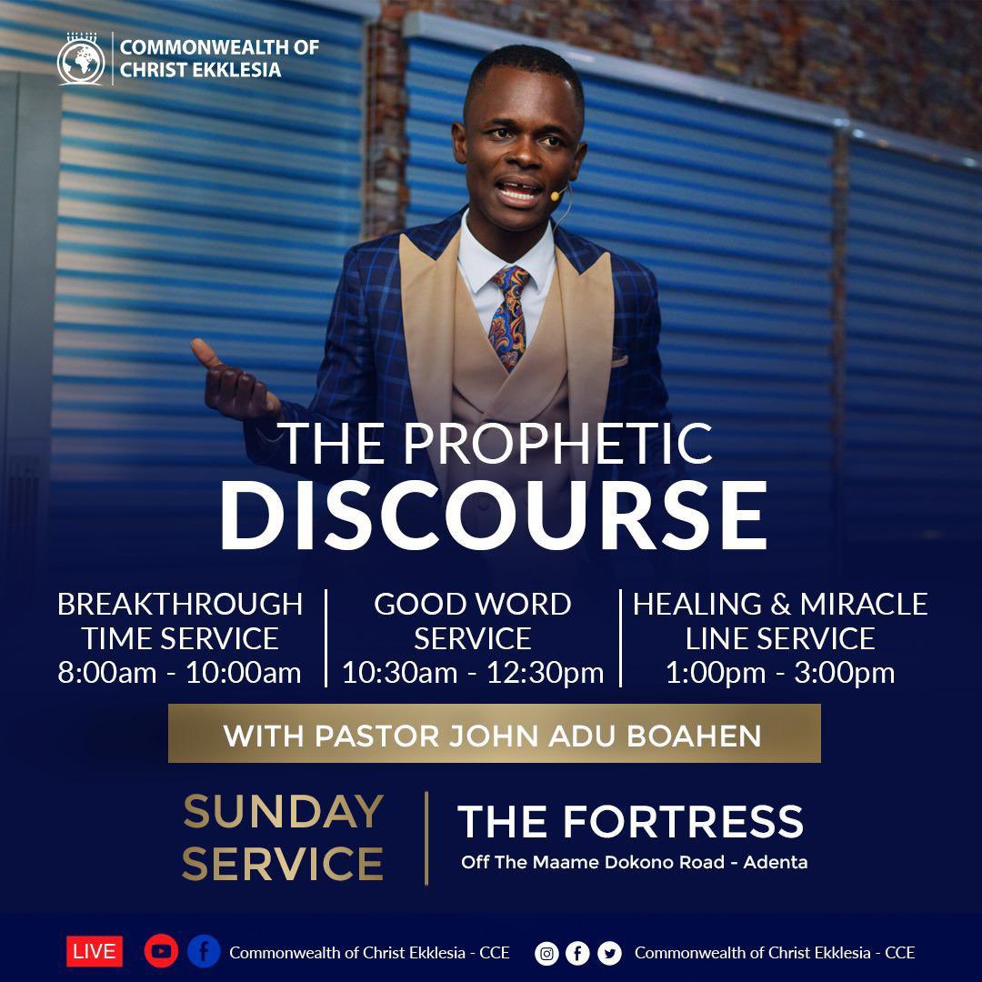 CC_Ekklesia's tweet photo. Join our life shaping Sunday service with Pastor John tomorrow at the fortress or online 8:00am, 10:30am, and 1:00pm gmt respectively.
God bless you!

#ThePastorJohn 
#YourFavoritePastor
#ThePropheticDiscourse
#GloriousSundayService
#ExponentialCosmicIncrease
#CCE https://t.co/OdnXyrN634