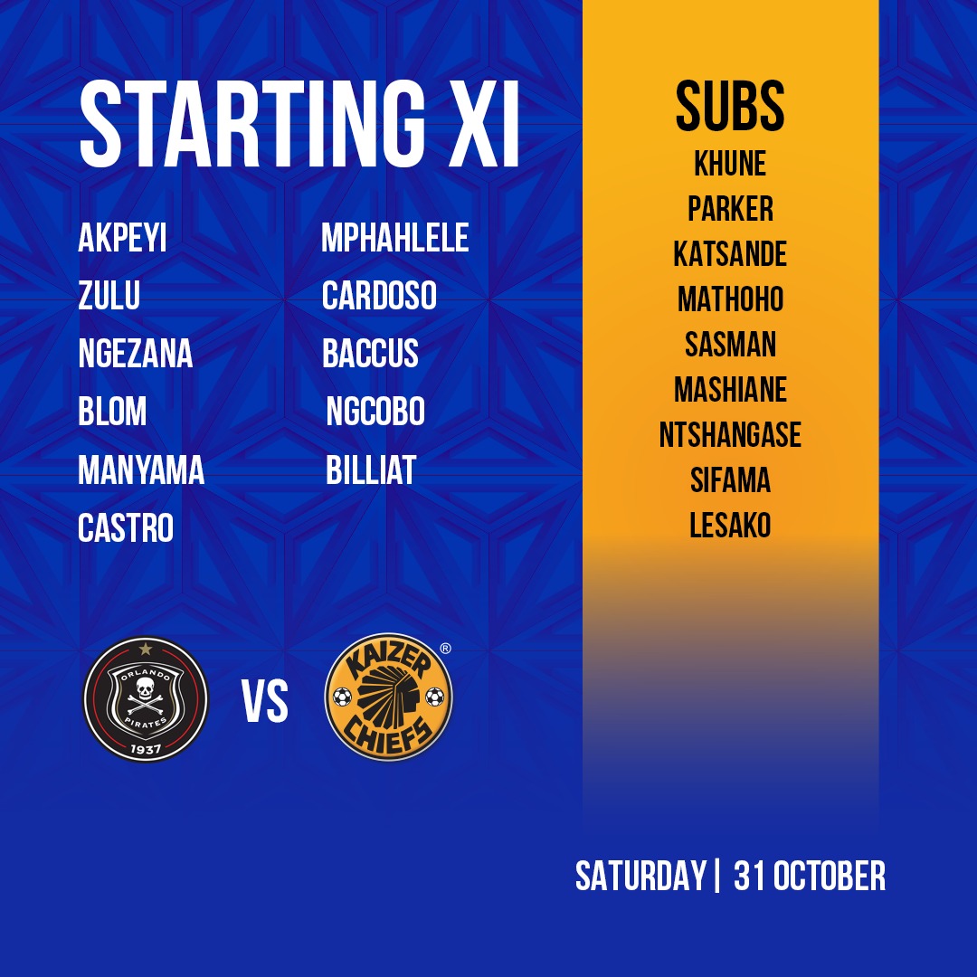 KaizerChiefs's tweet photo. MTN8 Semi-Final 1st Leg: Orlando Pirates vs Kaizer Chiefs
  
Starting 11: Akpeyi, Mphahlele, Cardoso, Zulu, Ngezana, Baccus, Blom Ngcobo, Manyama ©, Billiat, Castro

Subs: Khune, Parker, Katsande, Mathoho, Sasman Mashiane, Ntshangase, Sifama, Lesako

Head Coach: Gavin Hunt

#MTN8 https://t.co/l0hs2Sd0Bo